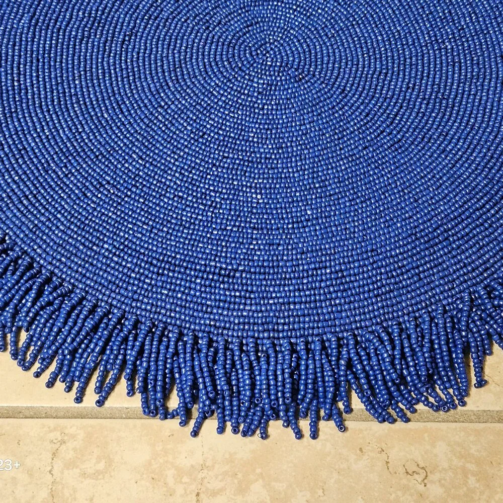 RARE KIM SEYBERT SUMMER BEACH OCEAN NAUTICAL CORAL BLUE FRINGE BEADED PLACEMAT